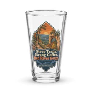 Red River Gorge Pint Glass: Steep Trails. Strong Coffee. Red River Gorge, Scenic Shield Badge - 16 oz - Main