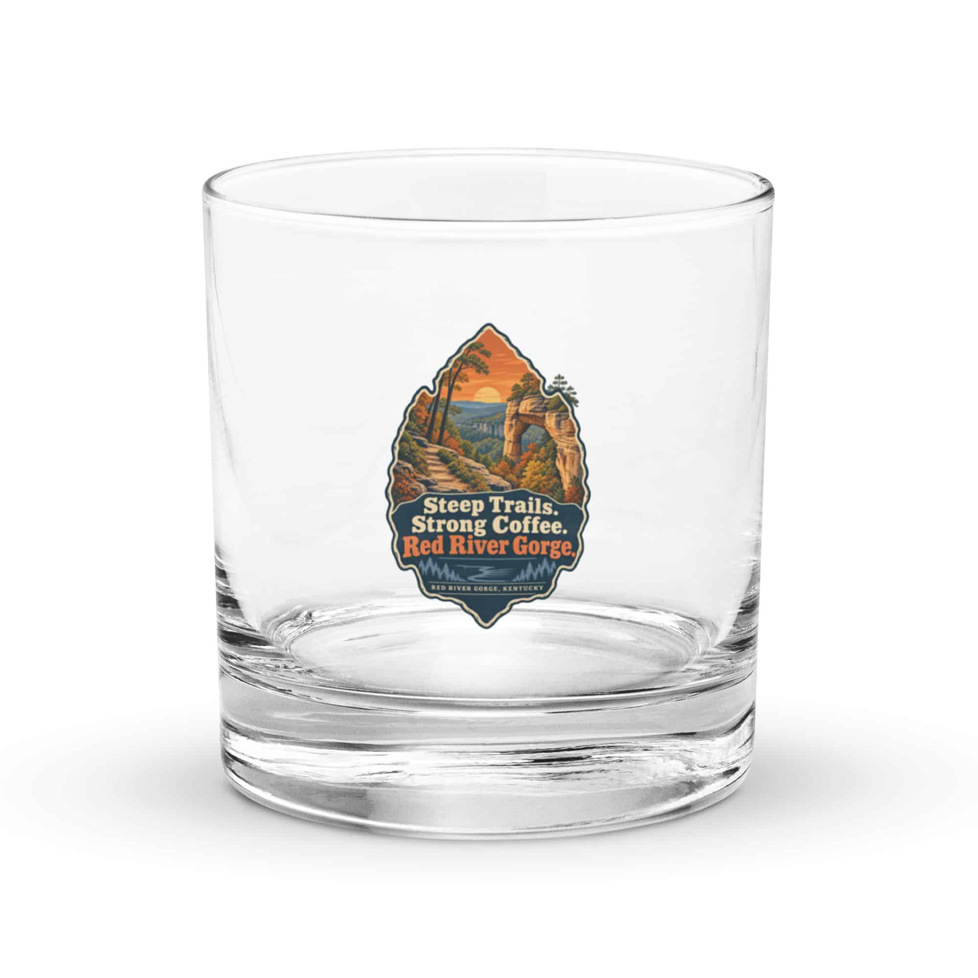 Red River Gorge Rocks Glass: Steep Trails. Strong Coffee. Red River Gorge, Scenic Shield Badge