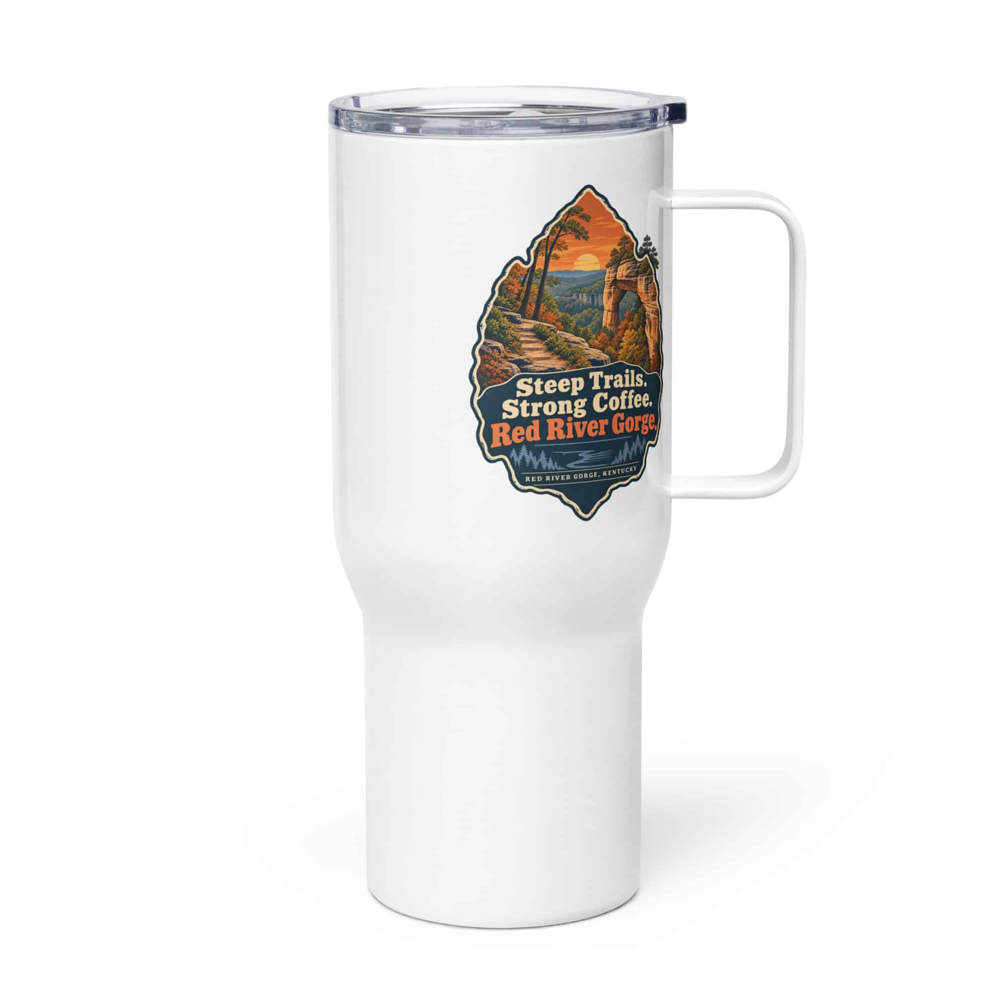 Red River Gorge Travel Mug: Steep Trails. Strong Coffee. Red River Gorge, Scenic Shield Badge