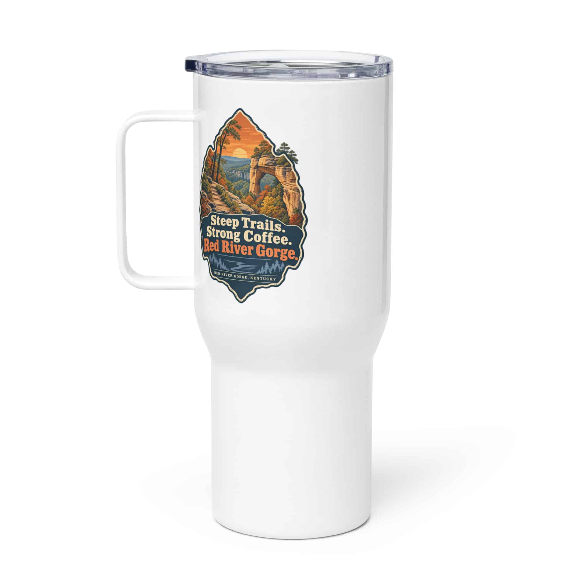 Red River Gorge Travel Mug: Steep Trails. Strong Coffee. Red River Gorge, Scenic Shield Badge