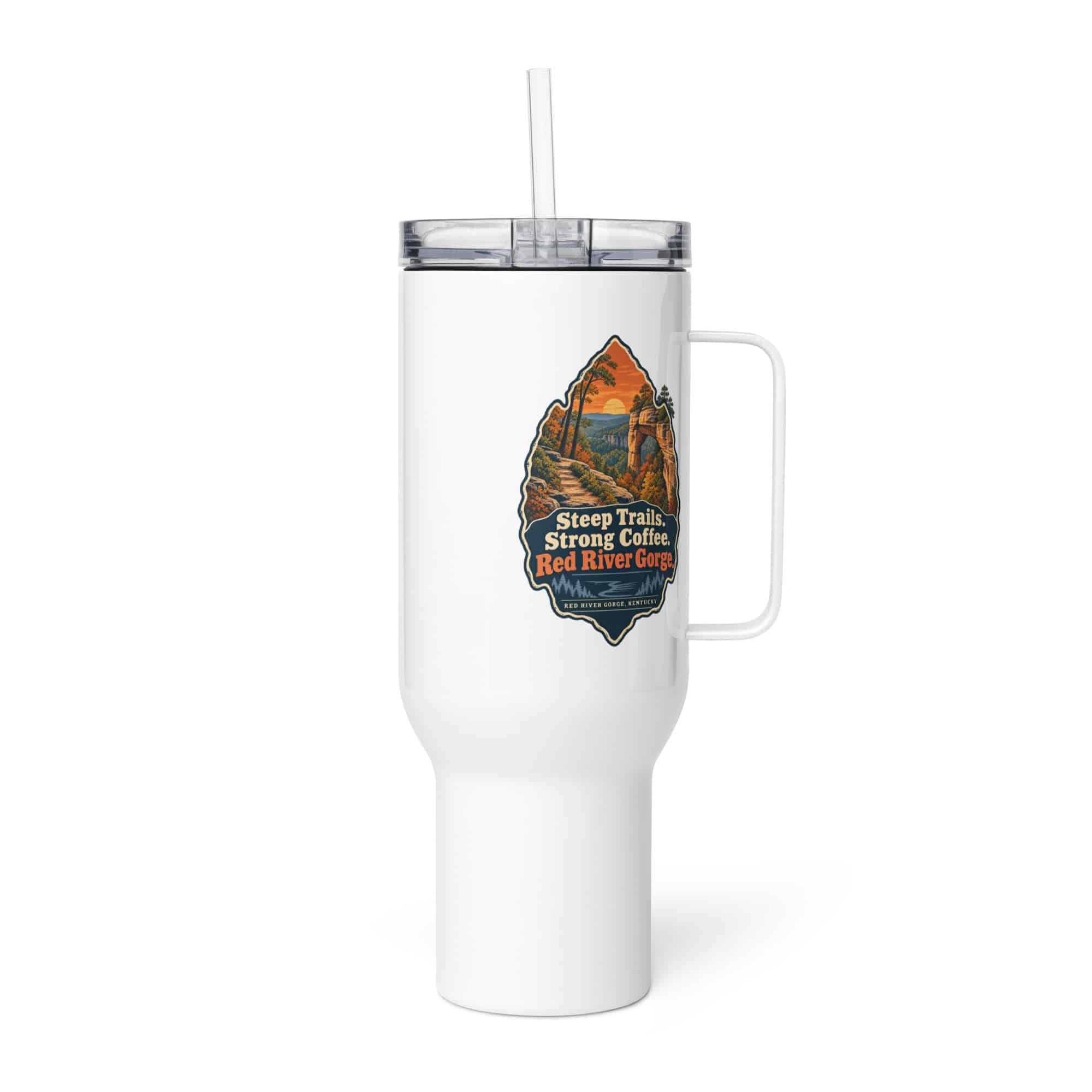 Red River Gorge Travel Mug: Steep Trails. Strong Coffee. Red River Gorge, Scenic Shield Badge