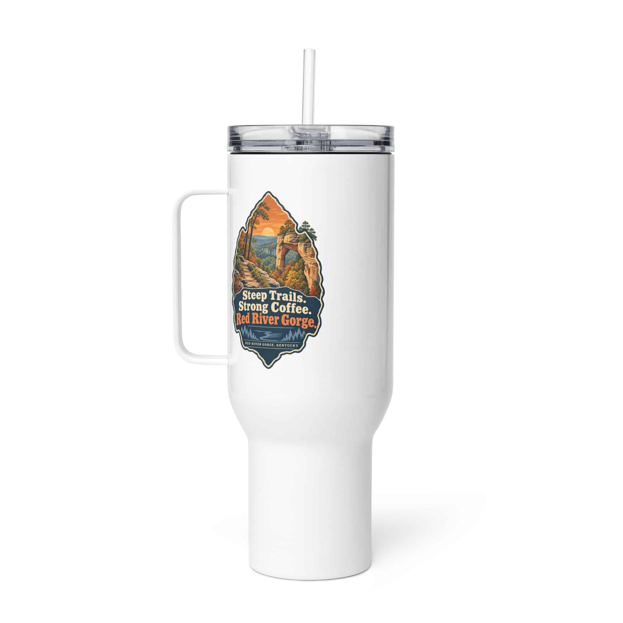 Red River Gorge Travel Mug: Steep Trails. Strong Coffee. Red River Gorge, Scenic Shield Badge