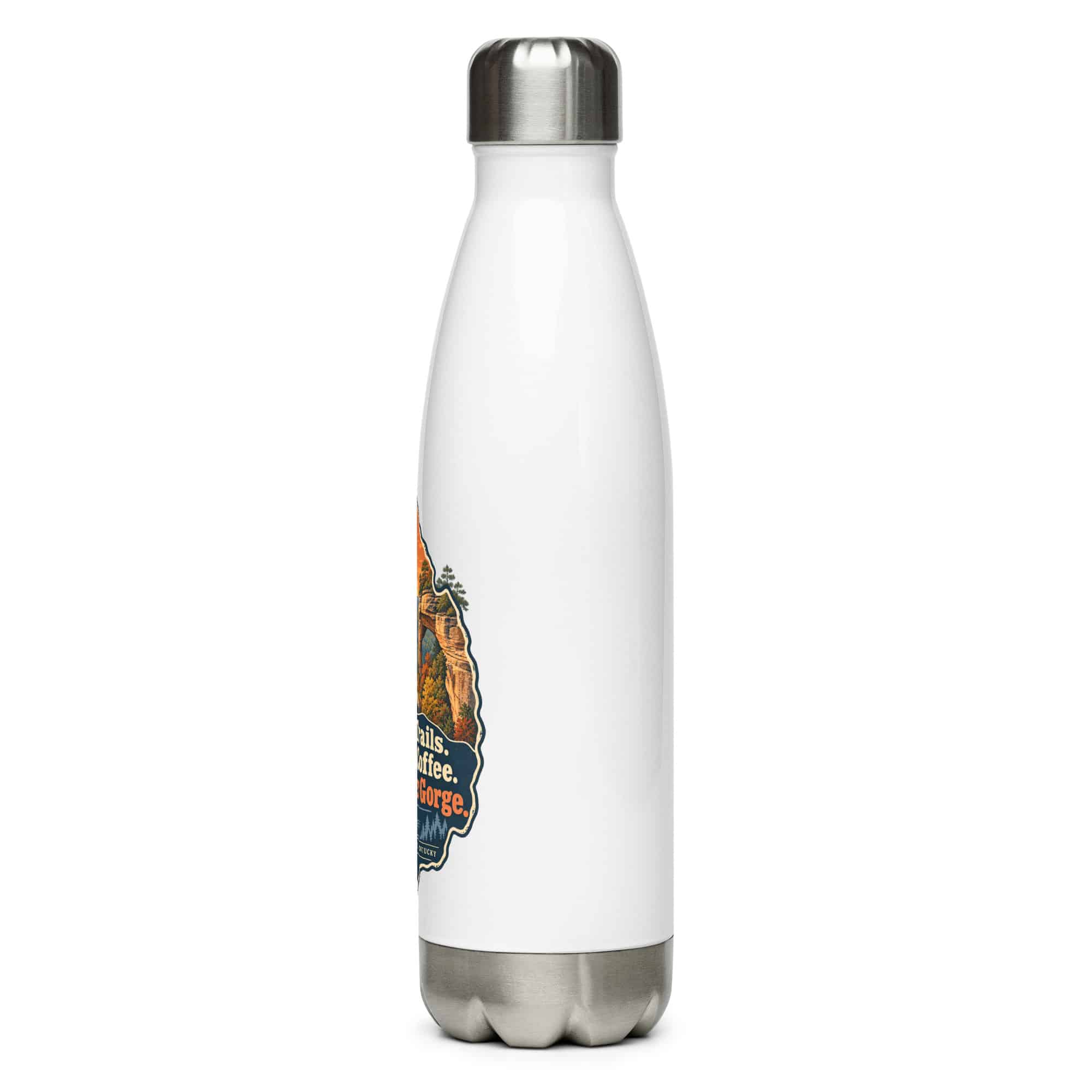 Red River Gorge Stainless Steel Water Bottle: Steep Trails. Strong Coffee. Red River Gorge, Scenic Shield Badge