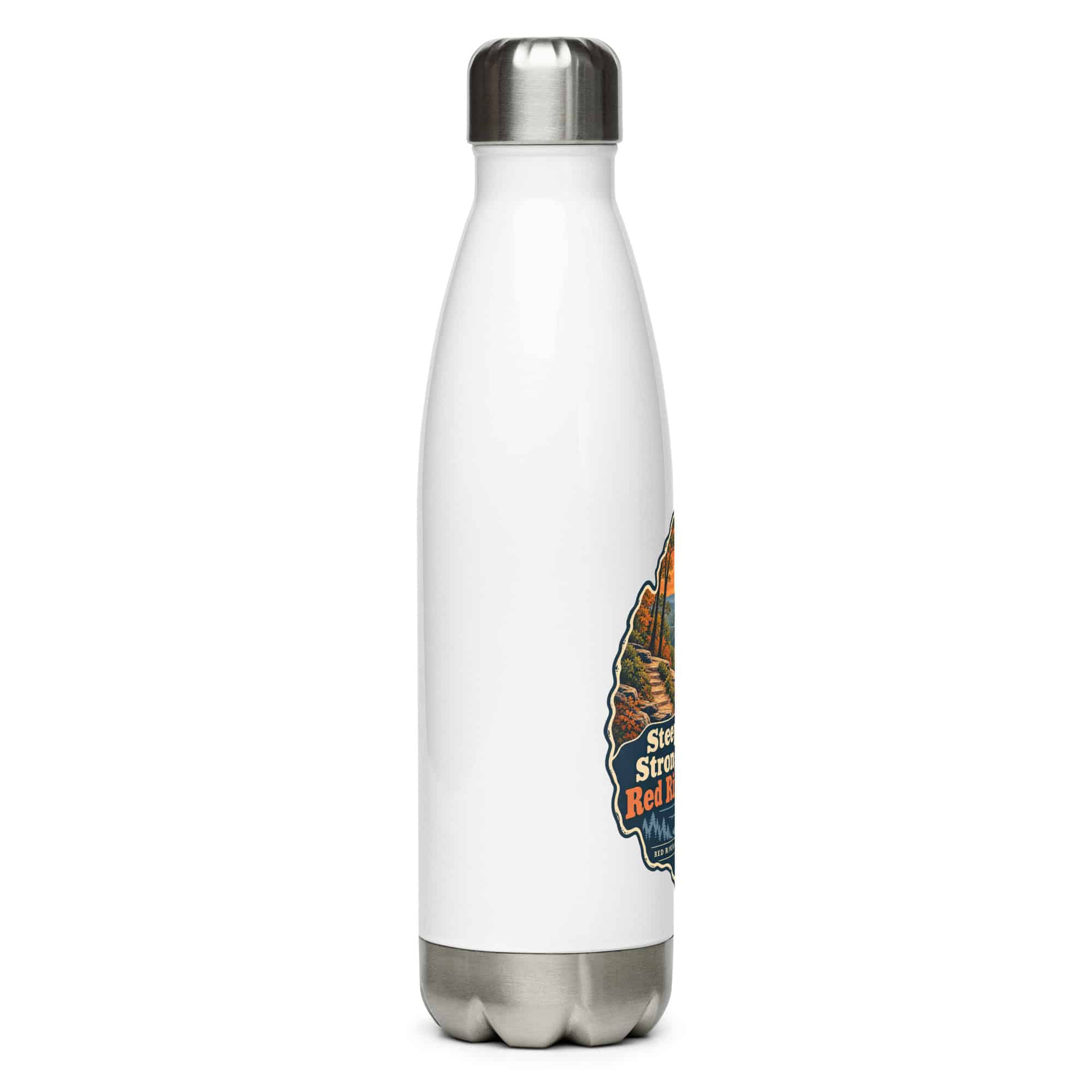 Red River Gorge Stainless Steel Water Bottle: Steep Trails. Strong Coffee. Red River Gorge, Scenic Shield Badge