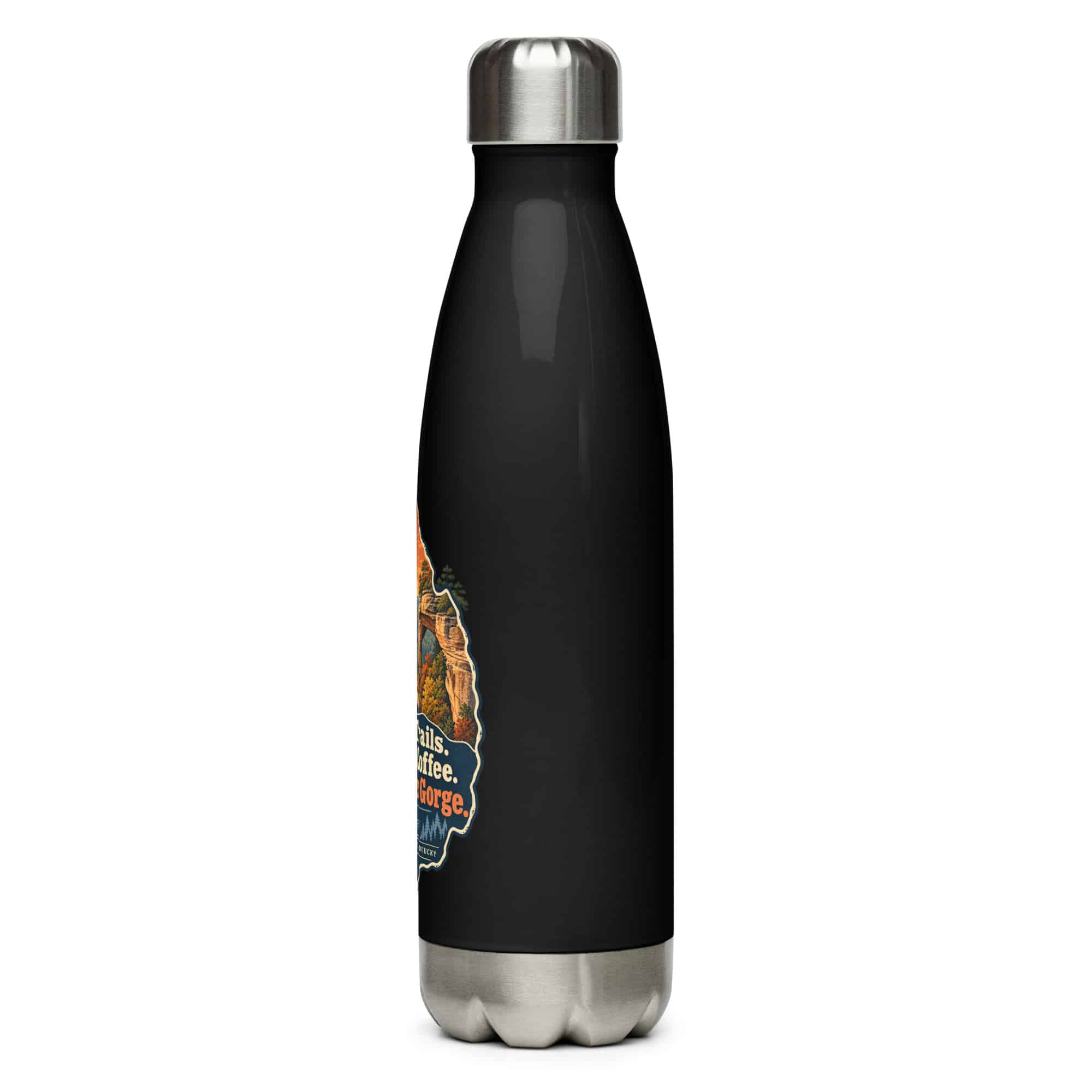 Red River Gorge Stainless Steel Water Bottle: Steep Trails. Strong Coffee. Red River Gorge, Scenic Shield Badge
