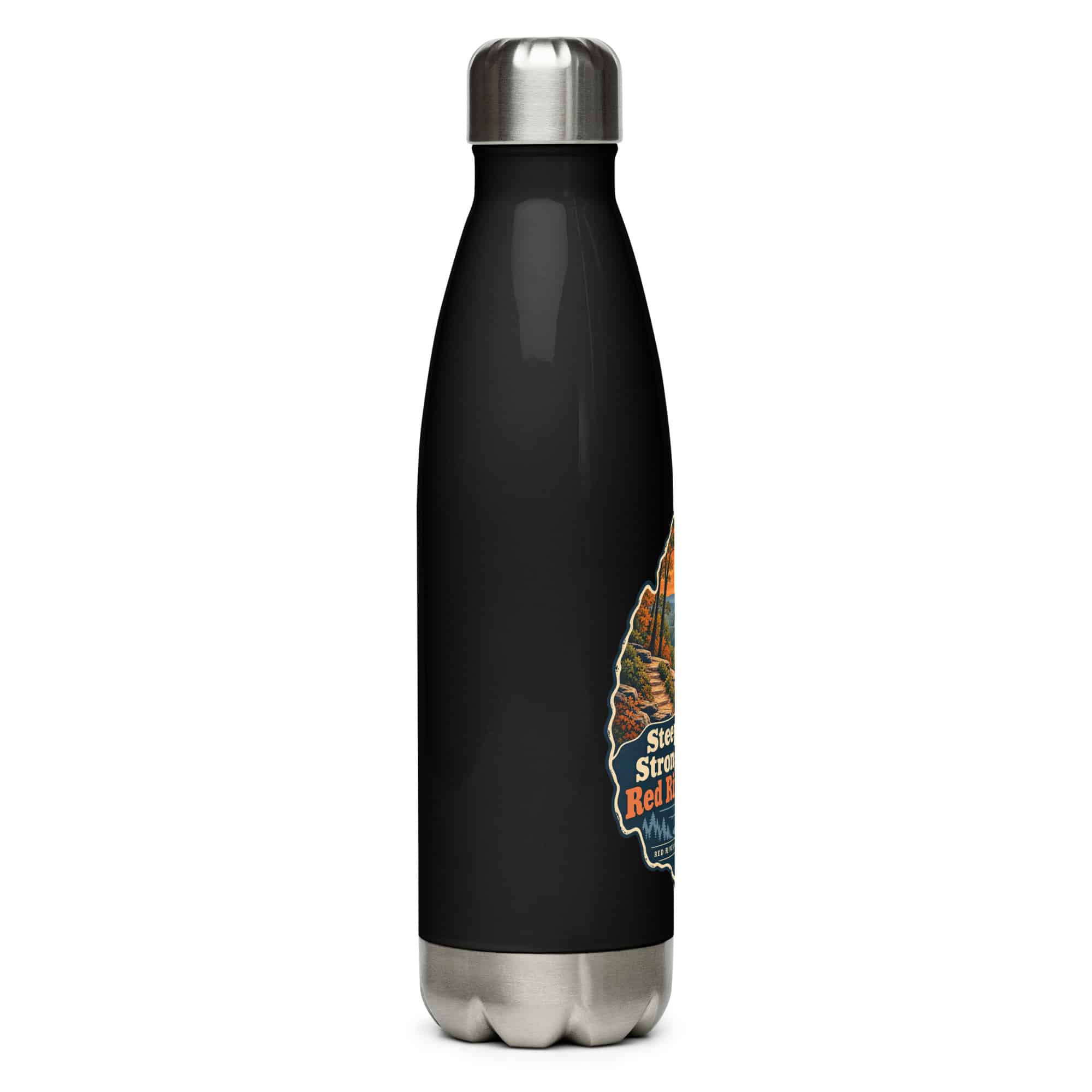 Red River Gorge Stainless Steel Water Bottle: Steep Trails. Strong Coffee. Red River Gorge, Scenic Shield Badge