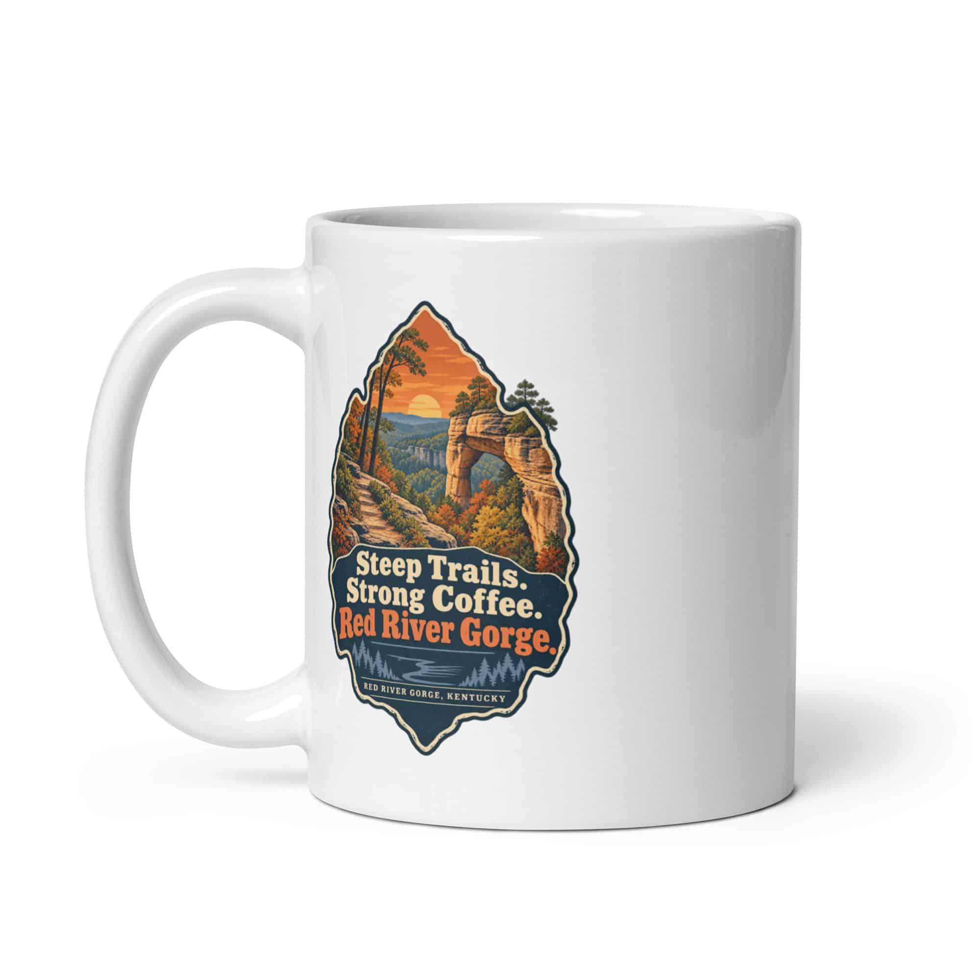 Red River Gorge White Ceramic Coffee Mug: Steep Trails. Strong Coffee. Red River Gorge, Scenic Shield Badge