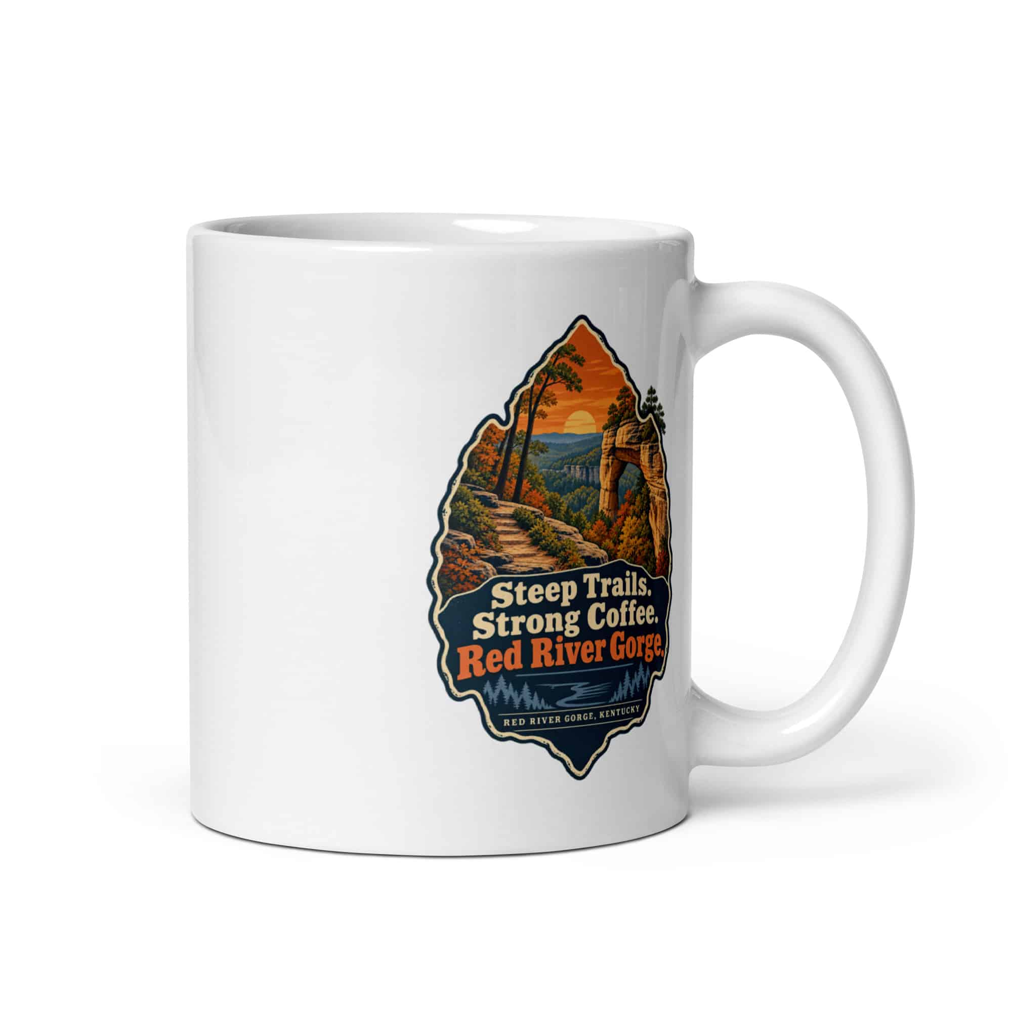 Red River Gorge White Ceramic Coffee Mug: Steep Trails. Strong Coffee. Red River Gorge, Scenic Shield Badge