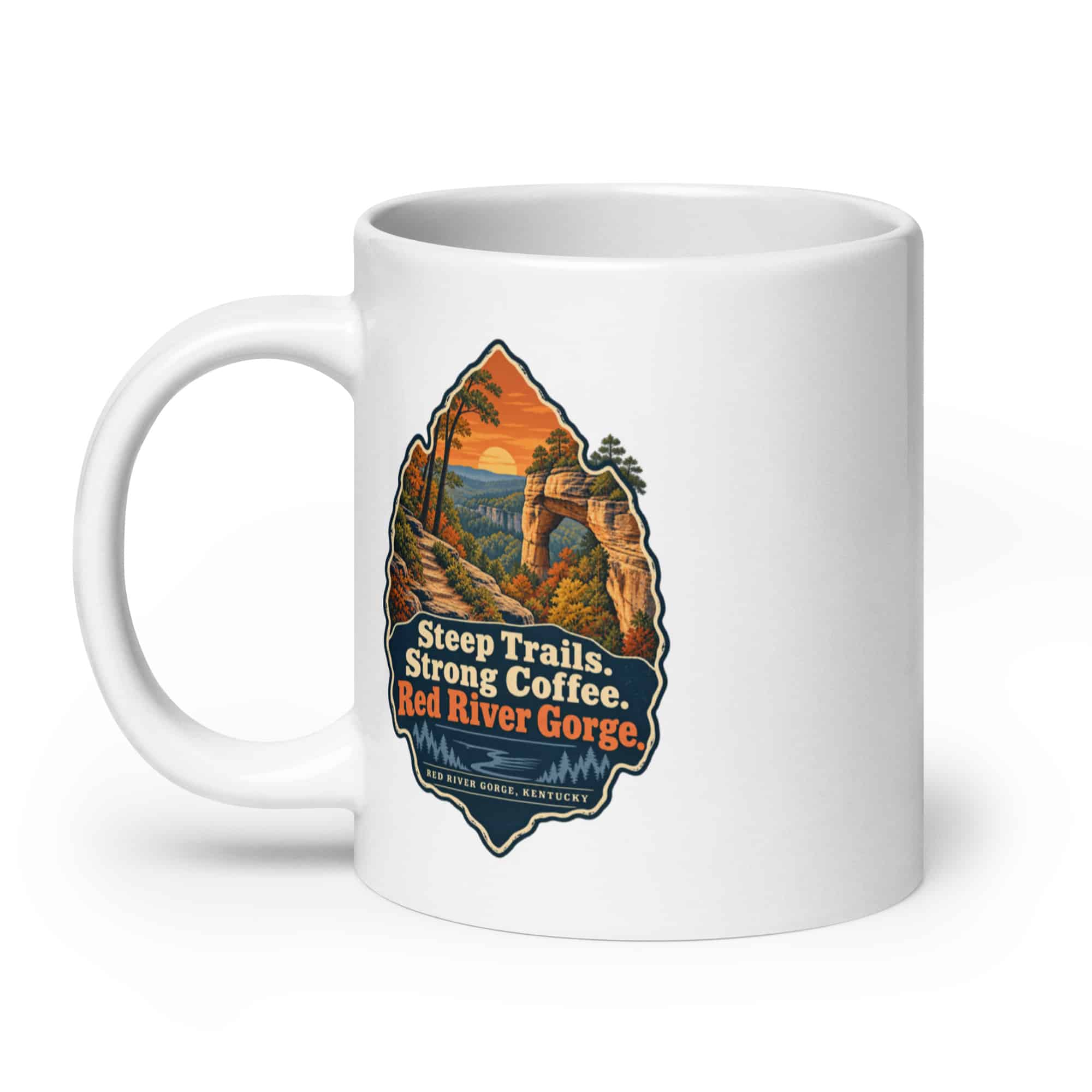 Red River Gorge White Ceramic Coffee Mug: Steep Trails. Strong Coffee. Red River Gorge, Scenic Shield Badge