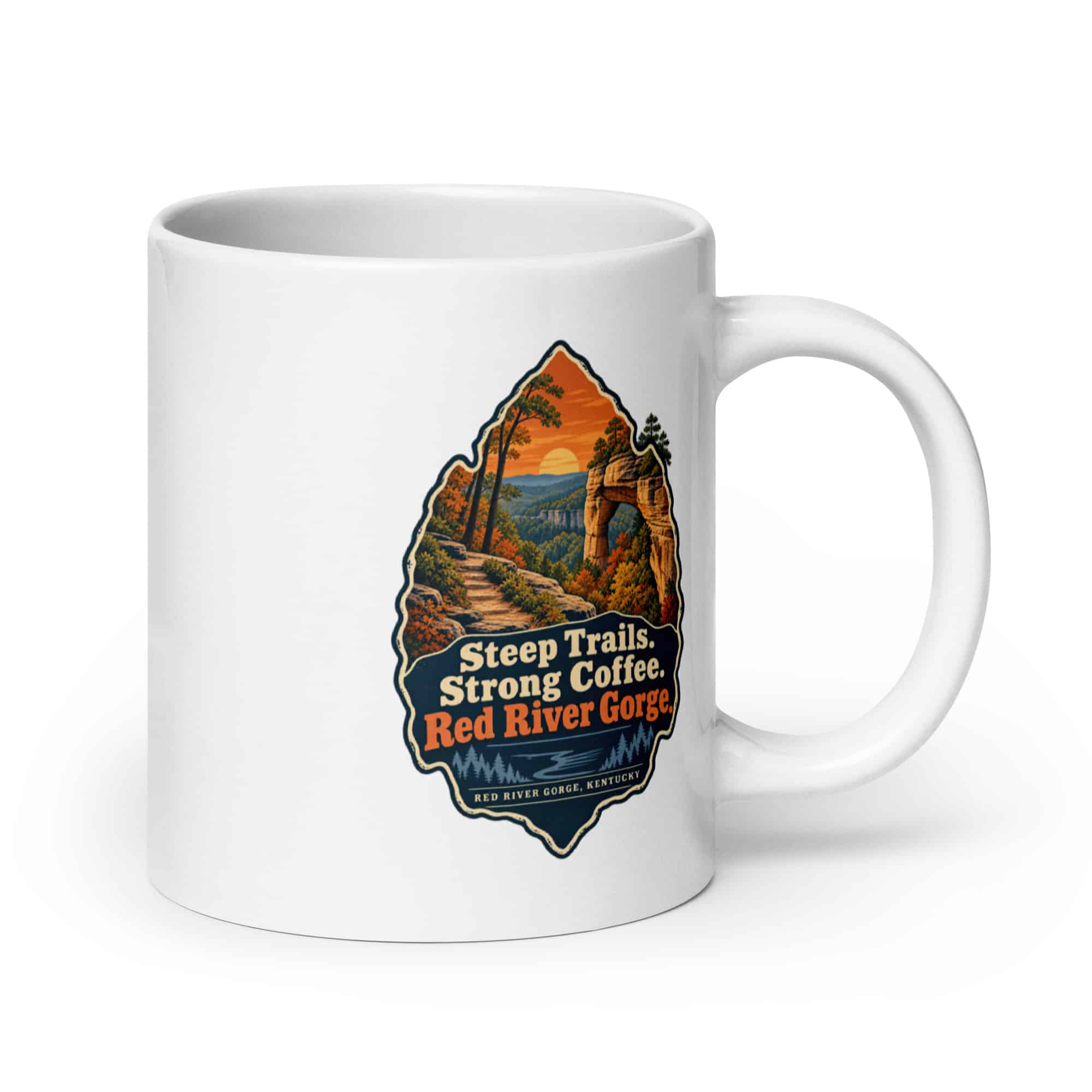 Red River Gorge White Ceramic Coffee Mug: Steep Trails. Strong Coffee. Red River Gorge, Scenic Shield Badge