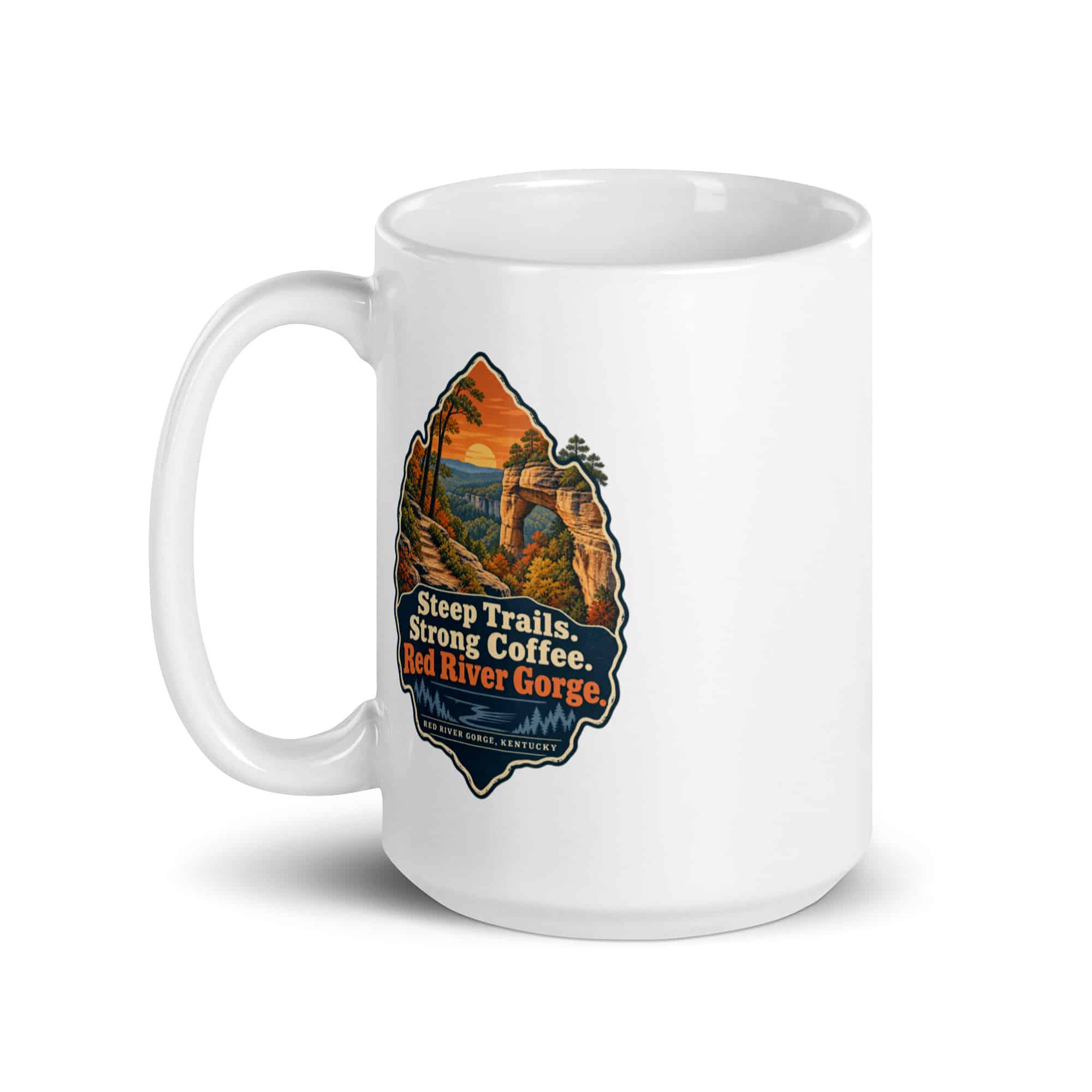 Red River Gorge White Ceramic Coffee Mug: Steep Trails. Strong Coffee. Red River Gorge, Scenic Shield Badge