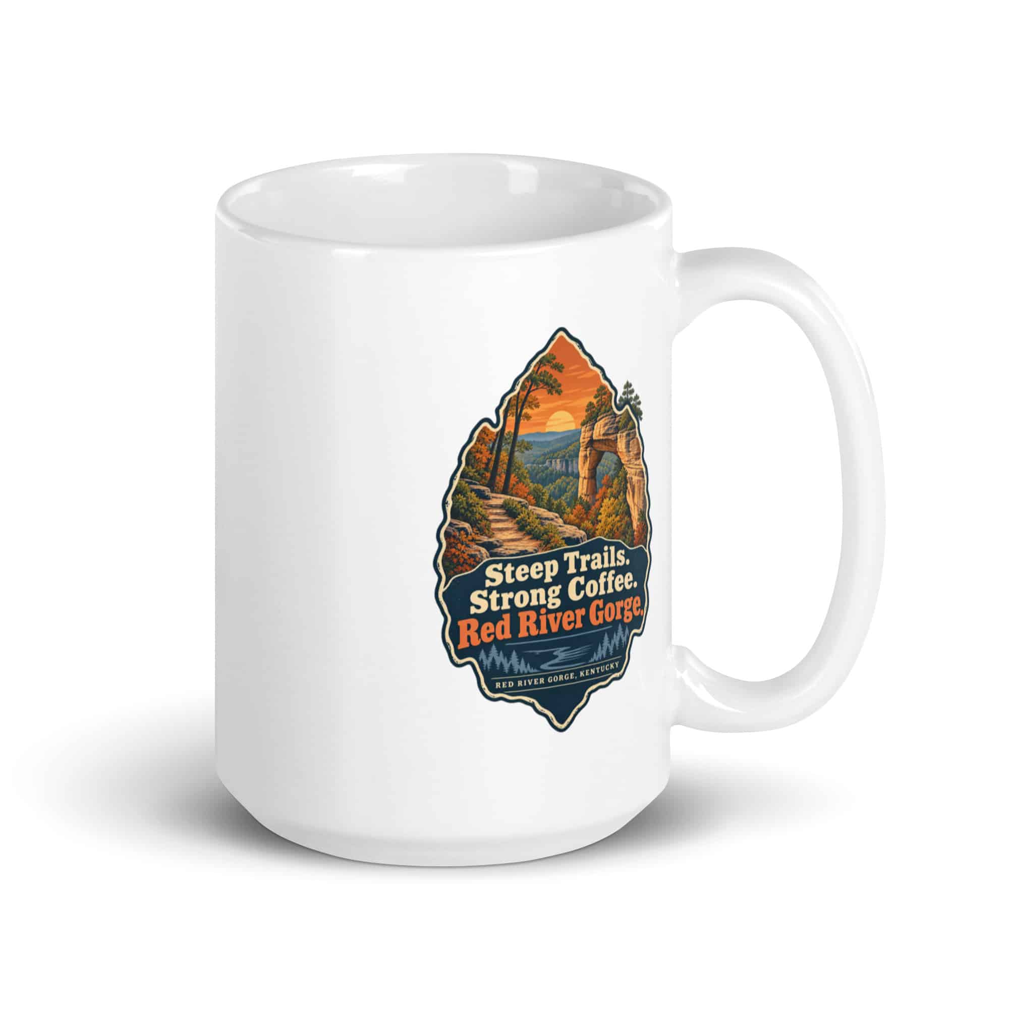 Red River Gorge White Ceramic Coffee Mug: Steep Trails. Strong Coffee. Red River Gorge, Scenic Shield Badge