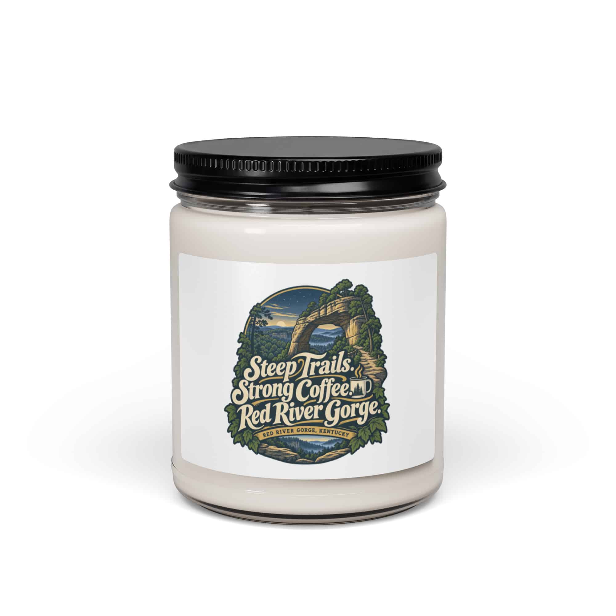 Red River Gorge Soy Wax Candle: Steep Trails. Strong Coffee. Red River Gorge, Woodland Scenic Lettering