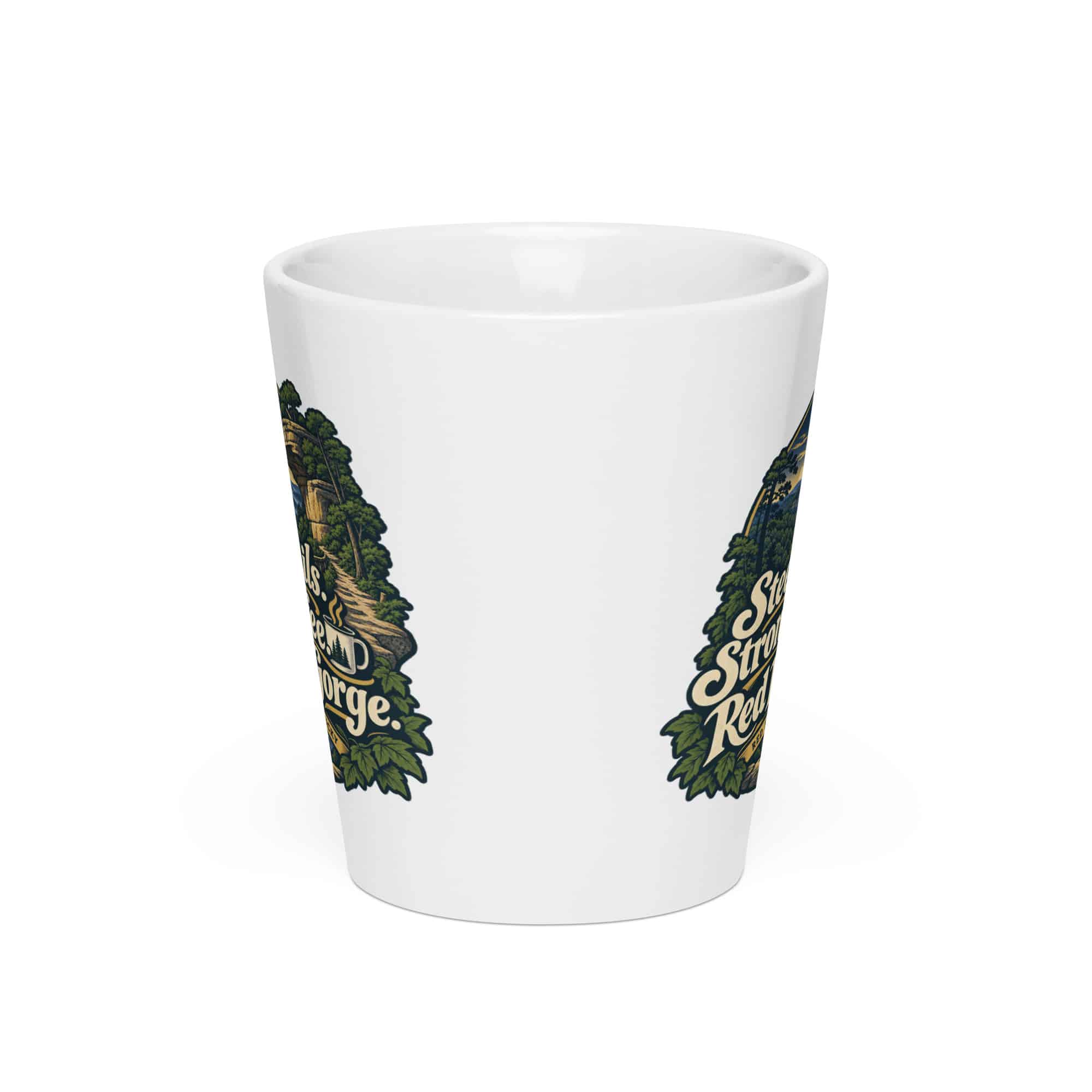 Red River Gorge Latte Mug: Steep Trails. Strong Coffee. Red River Gorge, Woodland Scenic Lettering