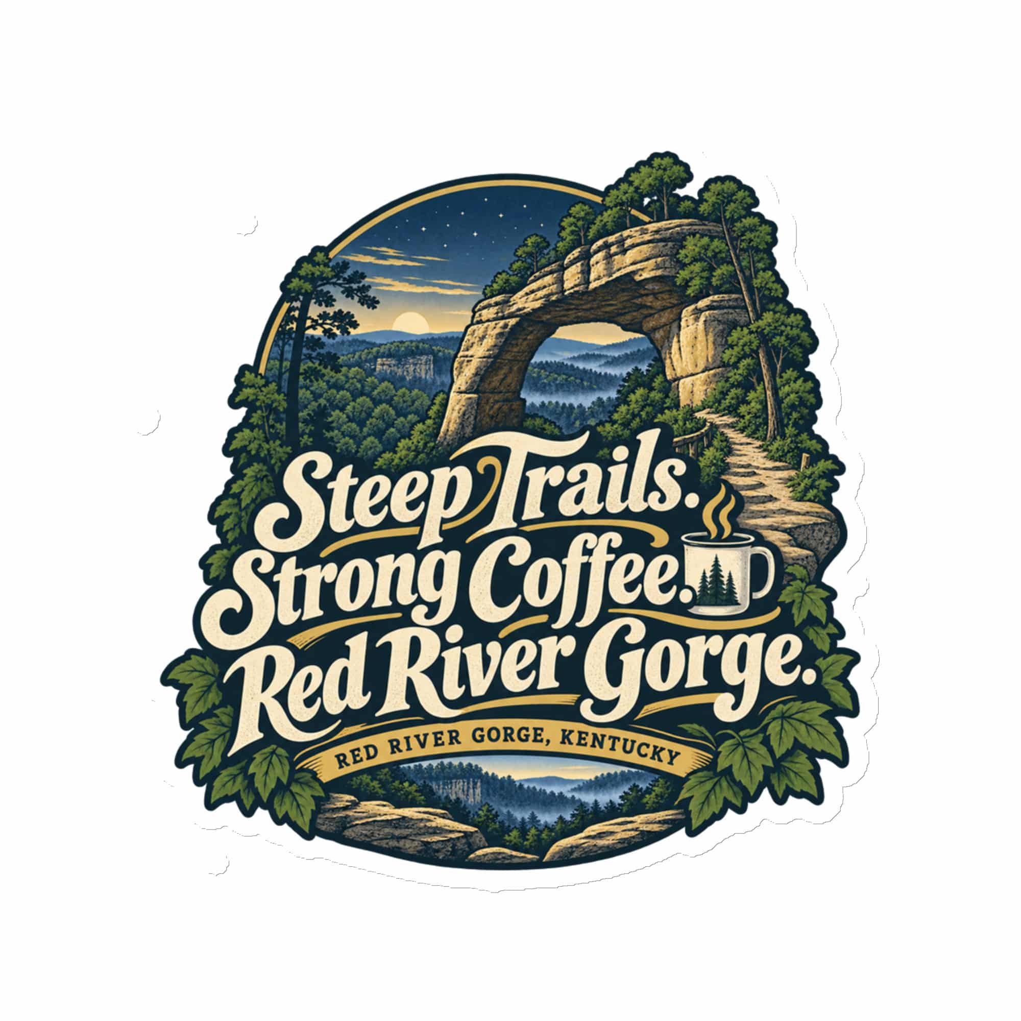 Red River Gorge Die-Cut Magnet: Steep Trails. Strong Coffee. Red River Gorge, Woodland Scenic Lettering