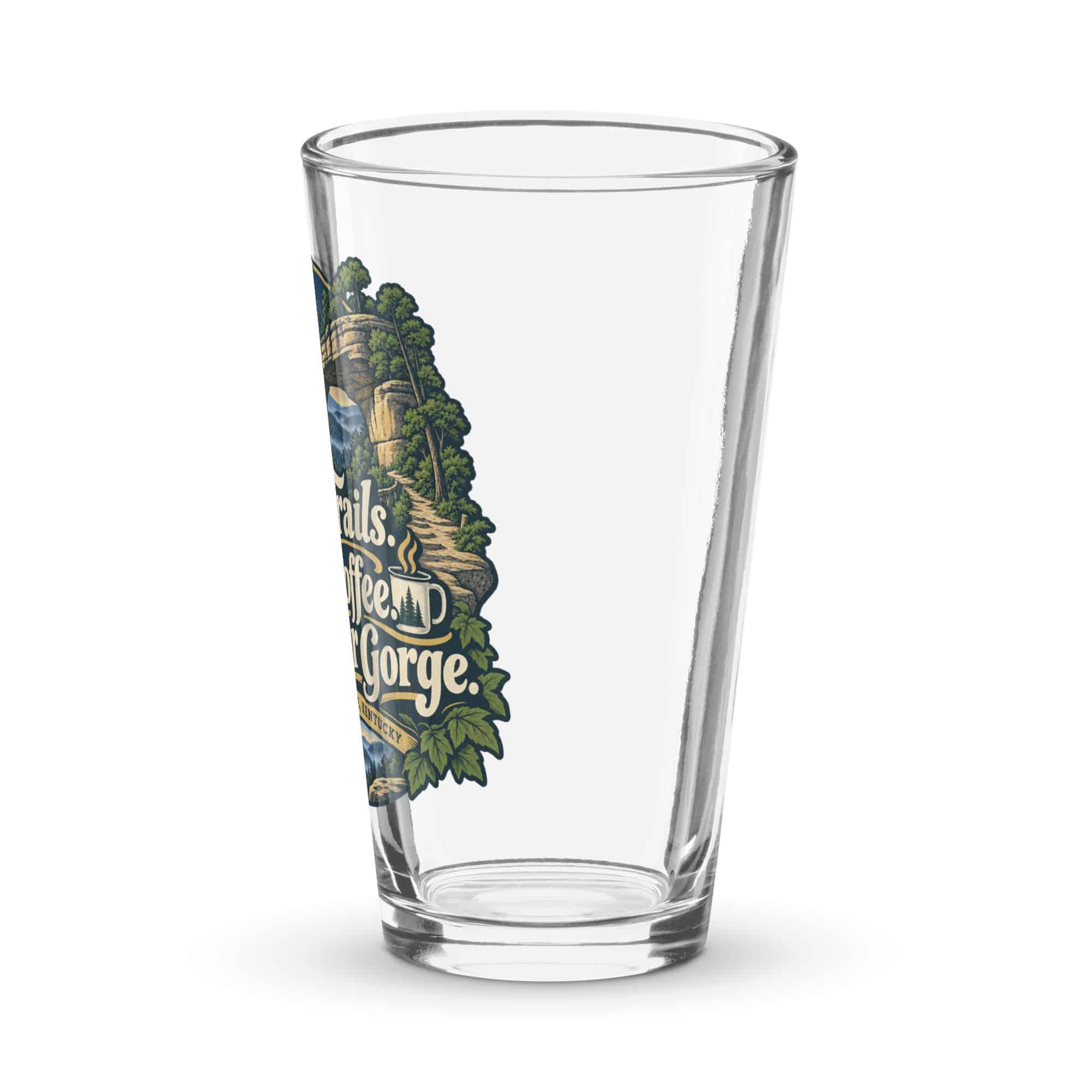 Red River Gorge Pint Glass: Steep Trails. Strong Coffee. Red River Gorge, Woodland Scenic Lettering