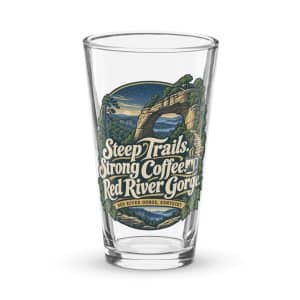 Red River Gorge Pint Glass: Steep Trails. Strong Coffee. Red River Gorge, Woodland Scenic Lettering - 16 oz - Main